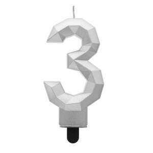 Silberne Zahl 3 Tortenkerze, geometrisches Design - Amscan