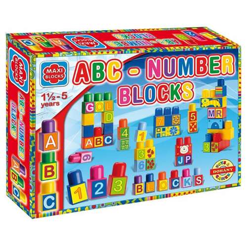 Maxi Blocks ABC Szám Blokkok építőjáték gyerekeknek, 1,5-5 éves korig, színes műanyag kockák betűkkel és számokkal, fejlesztő játék
