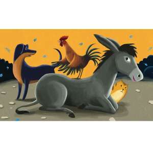 Ilustrație a Muzicanților din Bremen, cu un măgar, un câine, o pisică și un cocoș, de Horváth Ildi - Diapozitive, carti audio, CD, DVD