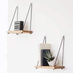 Two handmade wooden hanging shelves with black rope, wall mounted display shelves for books and plants. - Furniture