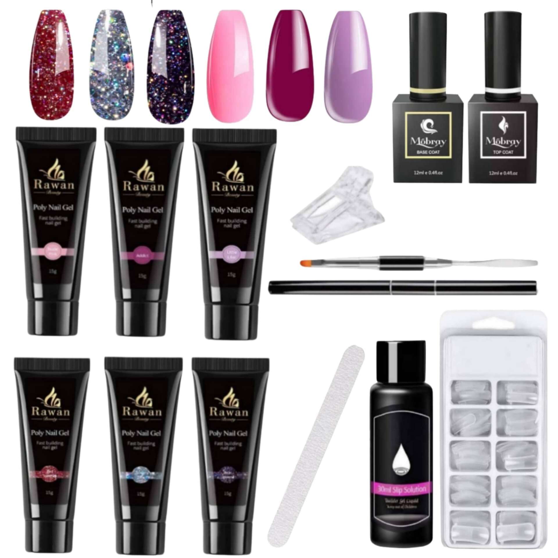 Polygél kezdőszett 6 db poly gél,13 db_os szett (Base gel, fényes zselé, tips)