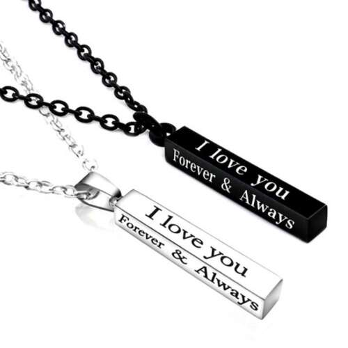 Pár nemesacél nyaklánc 'I love you Forever & Always' felirattal, fekete és ezüst színben