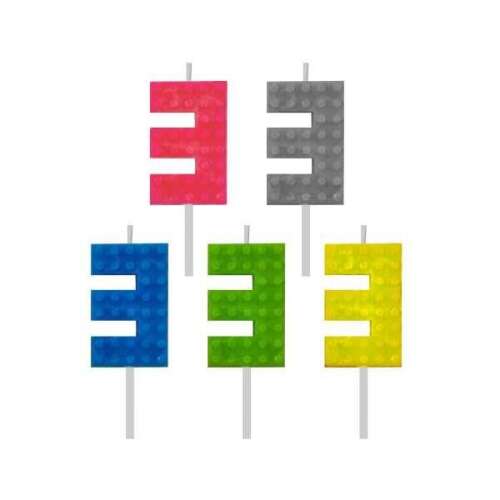 Комплект от 5 свещи за рожден ден с формата на Lego с номер 3 в розово, сиво, синьо, зелено и жълто