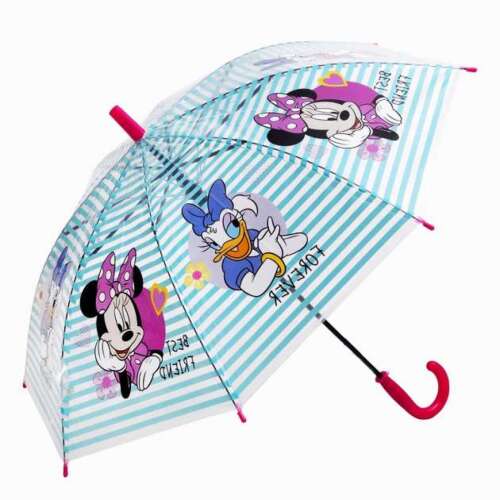 Disney Minnie Mouse Kinderregenschirm, transparent, blau-weiße Streifen, rosa Griff, 74 cm