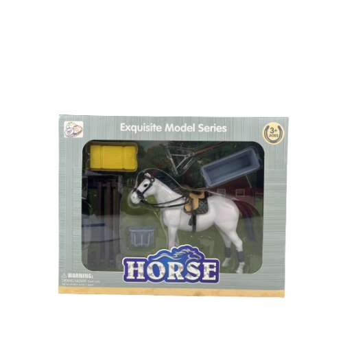 Fehér ló játék kiegészítőkkel, játszókészlet, farmi állatok, szerepjáték, gyerekjáték, lóistálló, lovaglás, lóápolás, lóápoló készlet, lóistálló készlet, ló játszókészlet, ló figura, ló figurina, ló modell, ló játékkészlet