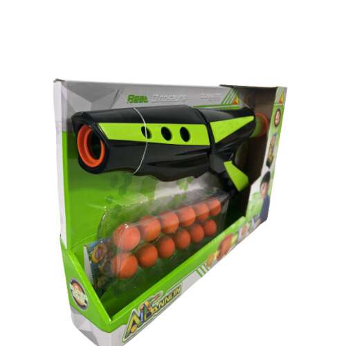 Fekete és zöld játékpisztoly narancssárga szivacslövedékekkel, Air Cannon márka, 12 lövedék tartozik hozzá