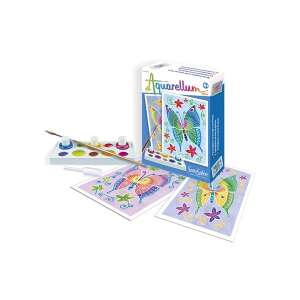 Aquarellum mini butterfly painting set, includes 2 painting cards, 3 watercolor bottles, brush, palette, pipette, and instructions - Sentosphere