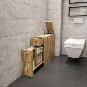 Calencia oak bathroom cabinet with 2 drawers, 2 shelves, and a top compartment, in a bathroom setting - Bathroom cabinet