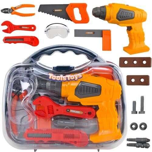 Toy tool set for kids, includes drill, saw, wrench, pliers, screwdriver, and more, great for pretend play