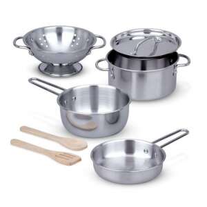Melissa & Doug rozsdamentes acél edények és lábasok játkészlet, 8 darabos, tartalmaz lábasokat, serpenyőket, szűrőt és fa konyhai eszközöket - Melissa & Doug