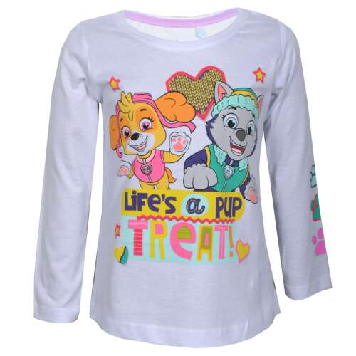 Nickelodeon Psi Patrol Skye koszulka z długim rękawem dla dziewczynek, biała z kolorowym nadrukiem, przedstawiająca Skye i Everest, napis 'Life's a pup treat!'