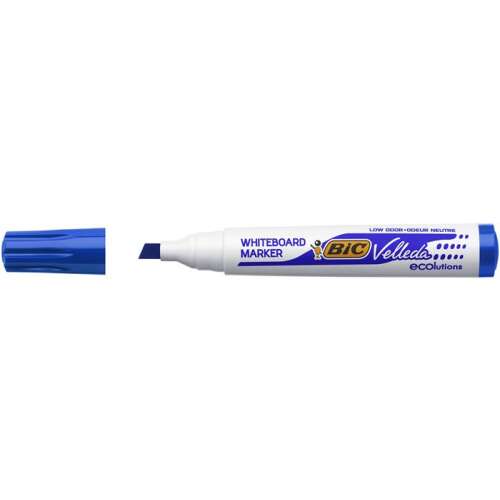 Marker na bielu tabuľu BIC Velleda ecolutions, modrý, s nízkou vôňou, suché zmazávanie, šikmý hrot, šírka čiary 1,1-5,6 mm