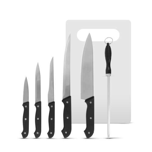 Kitchen knife set with 5 knives, a cutting board and a sharpener