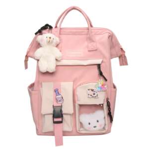 Rózsaszín vízálló hátizsák, aranyos medve kulcstartóval és foltokkal - Vízálló táska