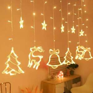 Karácsonyi fényfüggöny csillagokkal, rénszarvassal és harangokkal, 8 üzemmód, 250 cm hosszú, hidegfehér - Fényfüzér