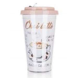 500 ml-es duplafalú termosz rózsaszín fedéllel és kávé mintával, tökéletes a kávé egész napos meleg tartásához - Banquet