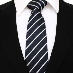 Sötétkék nyakkendő fehér csíkokkal, klasszikus férfi kiegészítő - Nyakkendő