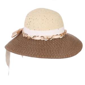 Bézs és barna szalmakalap arany lánccal és szalaggal, női nyári kalap - Női kalap