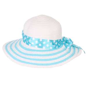 Fehér szalmakalap kék-fehér pöttyös szalaggal, női nyári kalap - Női kalap