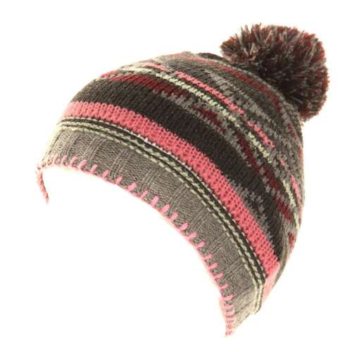 Szürke és rózsaszín csíkos kötött sapka pomponnal