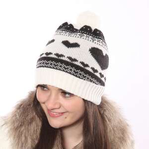 Szívecskés Kötött Sapka - Fehér - Pomponnal