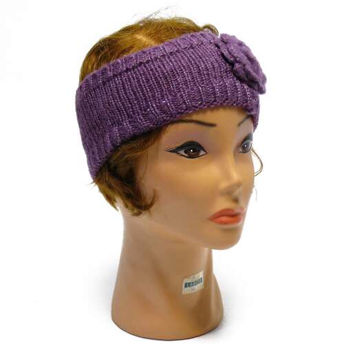 Lila színű kötött fejpánt virággal