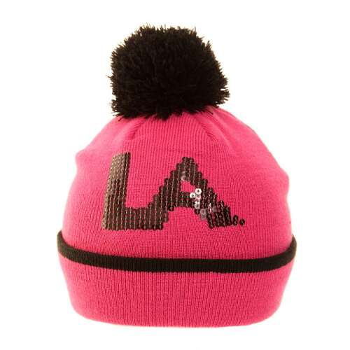 Rózsaszín kötött sapka fekete pomponnal és LA csillogó logóval