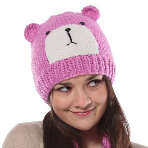 Rózsaszín kötött macis sapka fülekkel, női téli sapka