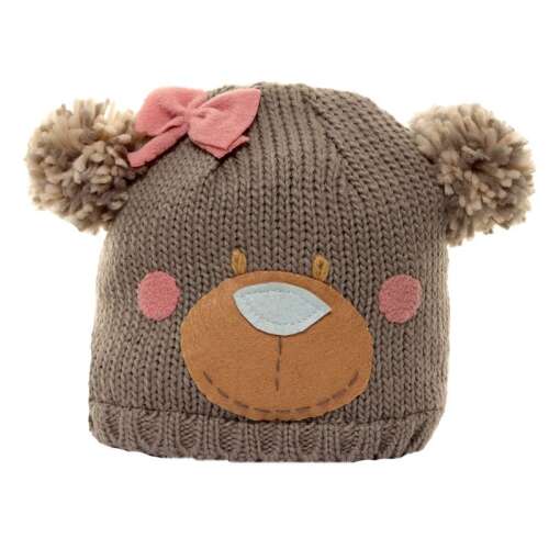 Szürke kötött macis sapka rózsaszín masnival lányoknak