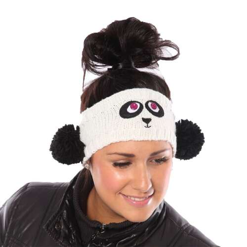 Fehér pandás fülmelegítő fejpánt fekete pomponokkal