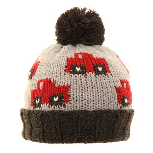 Szürke kötött baba sapka piros autókkal és pomponnal