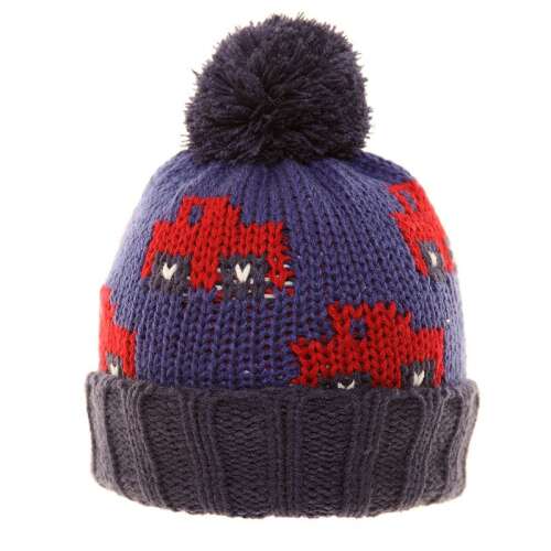 Kék kötött baba sapka piros autókkal és pomponnal