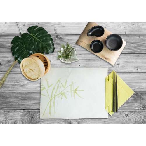 Infibra ázsiai mintás papír tányéralátétek, 30x40 cm, 250 darab/csomag, fa asztalon, evőpálcikákkal és tálakkal