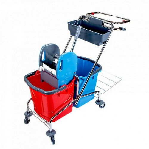 Chrome cleaning trolley with bag holder and 2x25 liter buckets