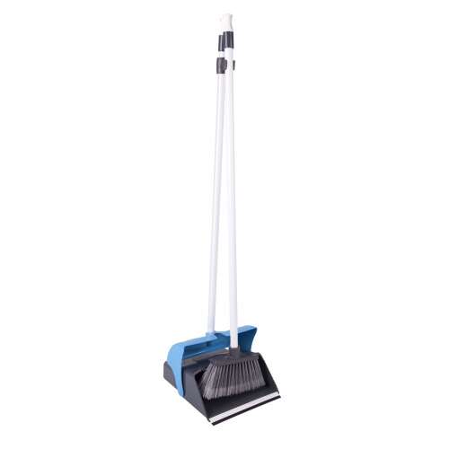 Blue dustpan and broom set with telescopic handle