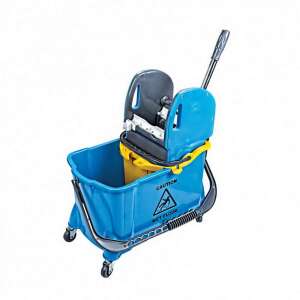 Blue plastic mop bucket with wringer and wheels, 24 liter capacity - Cleaning trolley