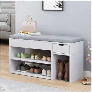 Pepita shoe storage bench with padded seat in white and gray, featuring two shelves and a drawer for storing shoes and other items - Shoe Storage