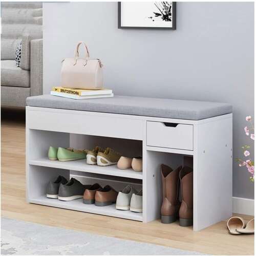 Pepita shoe storage bench with padded seat in white and gray, featuring two shelves and a drawer for storing shoes and other items