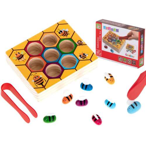 Montessori Beehive Educational Toy, wooden game with colorful bees and tweezers, for kids