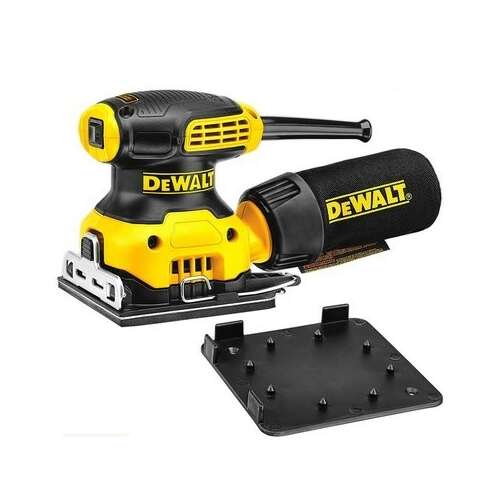 DeWALT DWE6411 orbitális csiszoló, fekete és sárga színben, porzsákkal és csiszolólappal