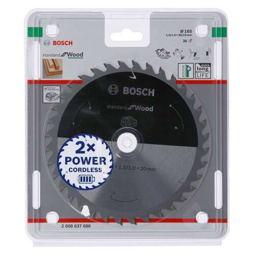 Disc de ferăstrău circular Bosch 2608837686, 165 mm, standard pentru lemn, 2x putere fără fir