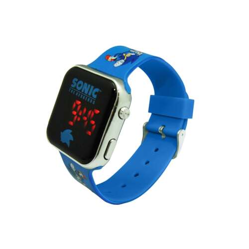 Sonic the Hedgehog LED digital watch with blue silicone strap and Sonic characters on the strap