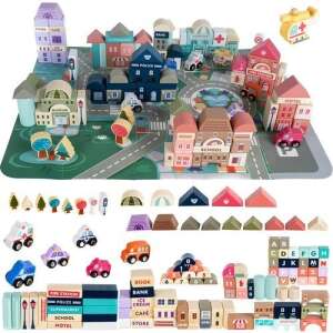 Wooden city building blocks set with cars, trees, and a playmat - Wooden building game