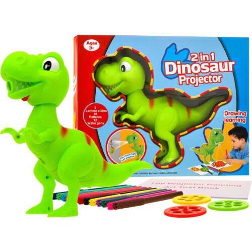 2 in 1 dinosaur projector and drawing toy with 12 markers, 3 projector slides, and a drawing book