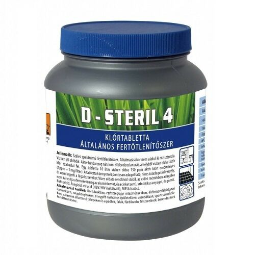 D-Steril 4 klórtabletta, ált. fertőtlenítőszer - Baktericid,fungicid,virucid(HBV/HIV) MRSA