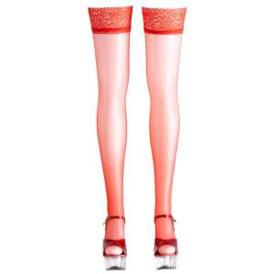 Cottelli - Piros Szatén Combkötő Harisnya - Csipkés