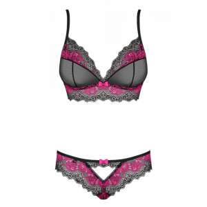 Obsessive Tulia schwarzes und pinkfarbenes Spitzen-Dessous-Set mit einem durchsichtigen BH und passendem Höschen - Obsessive