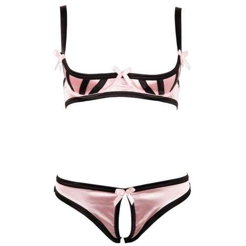Cottelli Lingerie - Rózsaszín és fekete csíkos melltartó és bugyi szett, közeli kép - Divat és öltözködés