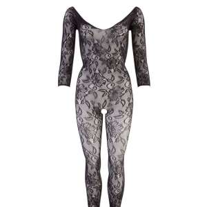 NO:XQSE Catsuit Ouvert - Schwarzer Blumenstick-Bodysuit Vorderansicht - Kleidung für Frauen