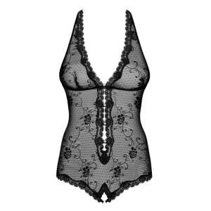 Obsessive Fiorenta schwarzer Spitzenbody mit Perlendetails, offener Rücken, Vorderansicht - Obsessive